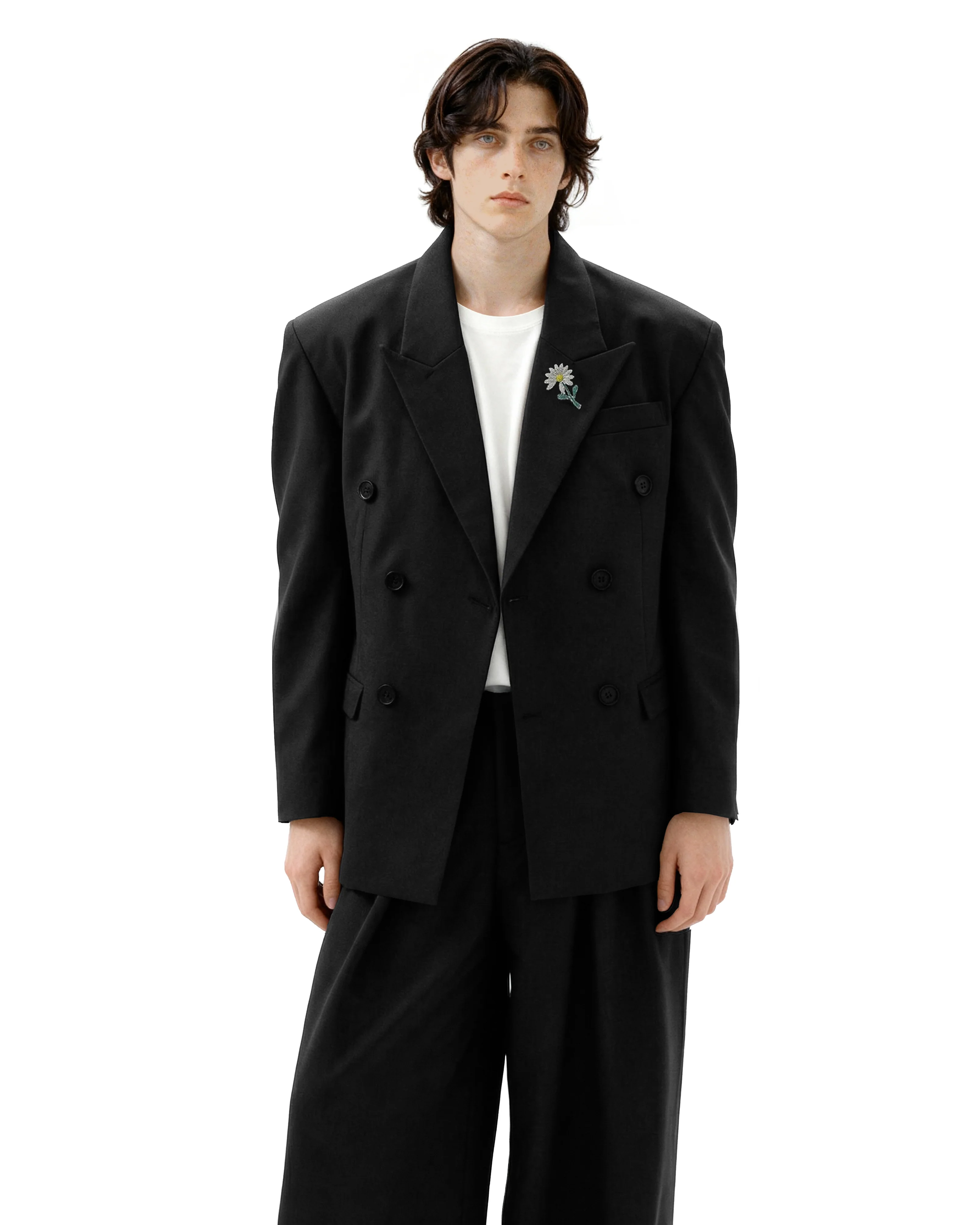 Oversized Double-Breasted Brooch Blazer and Wide-Leg Trousers Set - Image 8