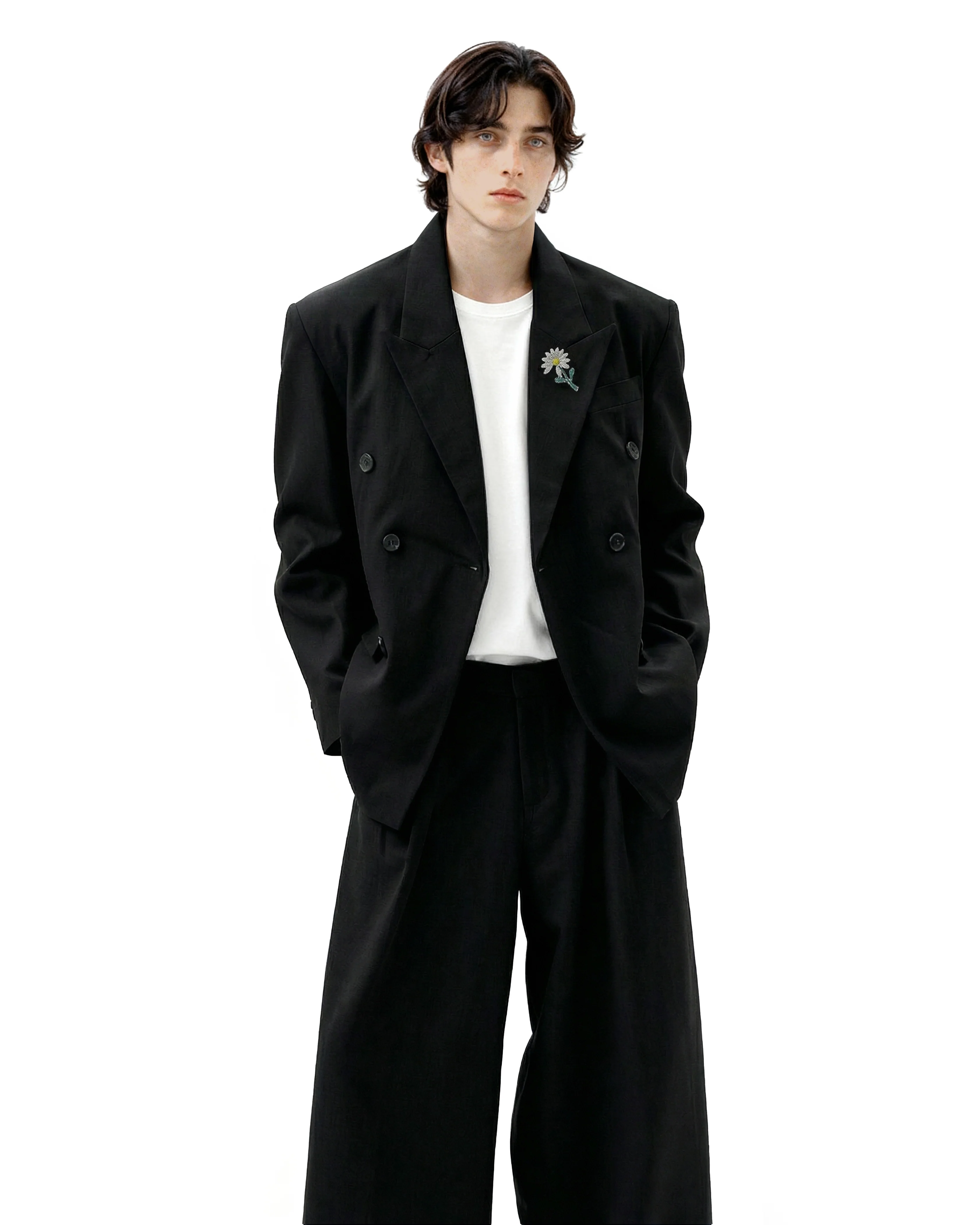 Oversized Double-Breasted Brooch Blazer and Wide-Leg Trousers Set - Image 9