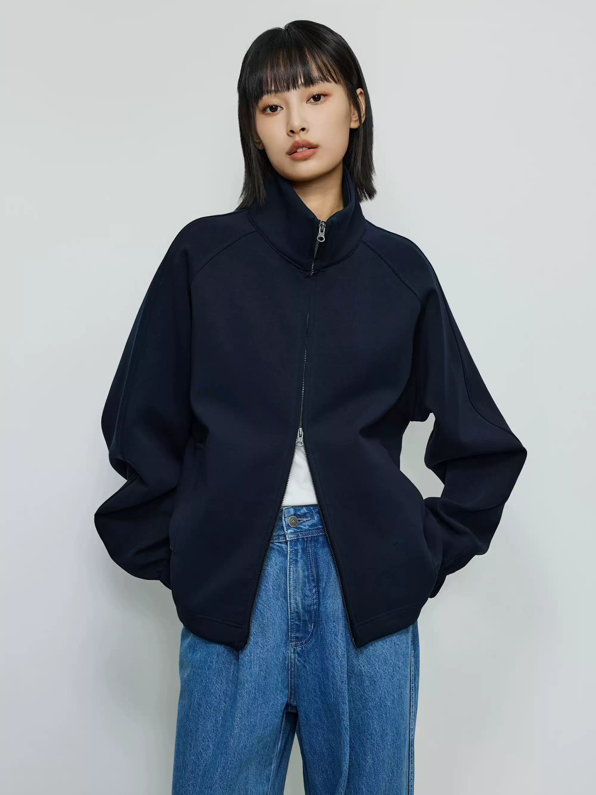 Oversized Double-Zip High Collar Sweatshirt Jacket