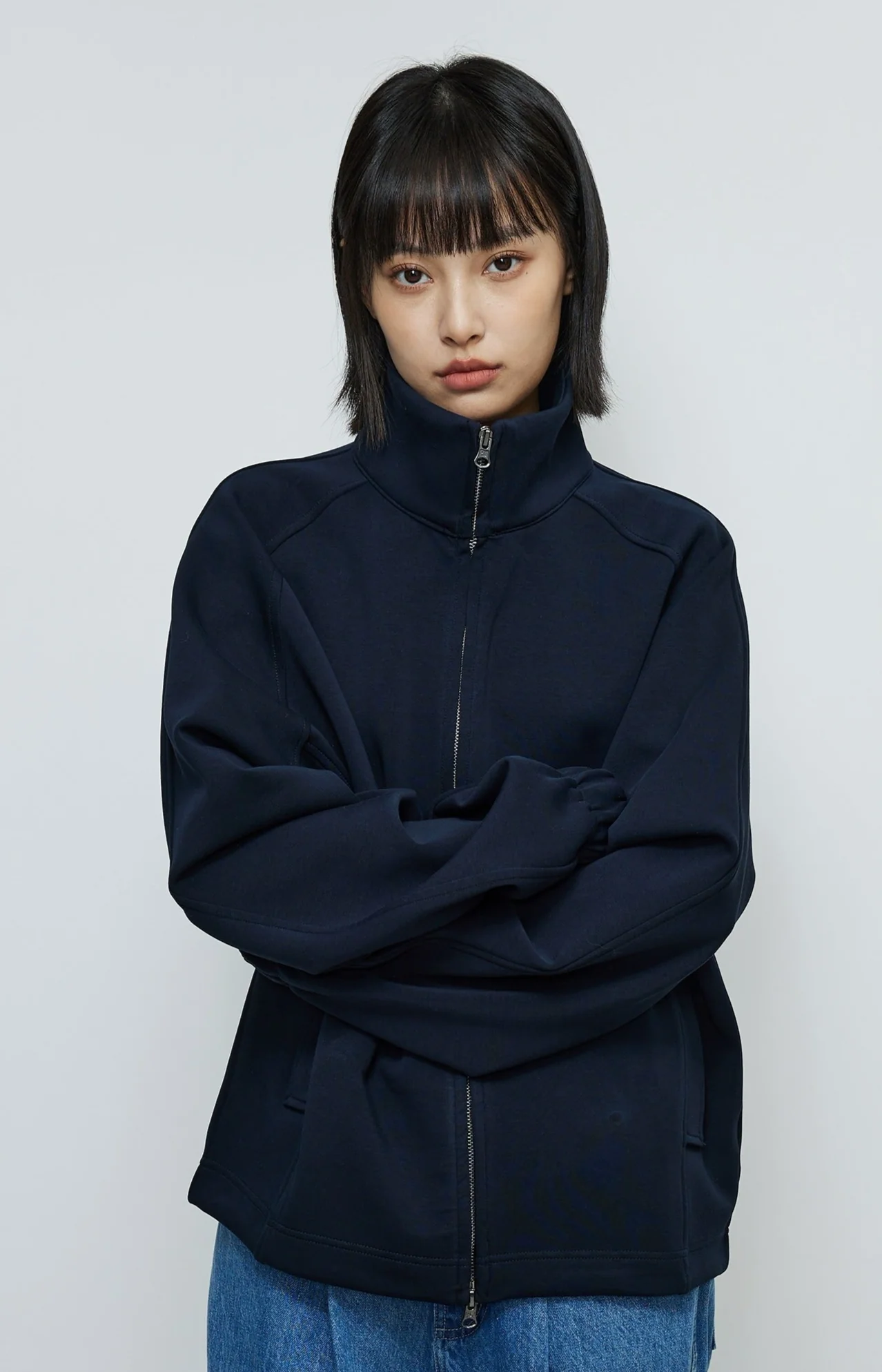 Oversized Double-Zip High Collar Sweatshirt Jacket - Image 2