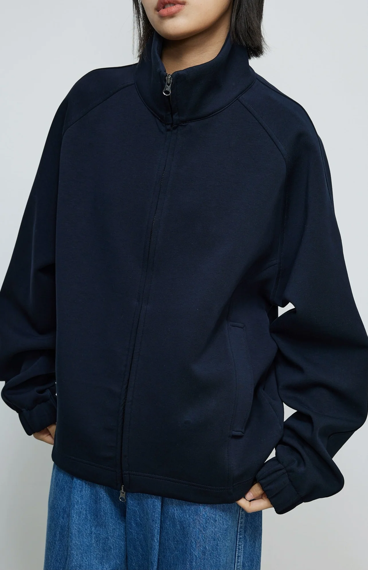 Oversized Double-Zip High Collar Sweatshirt Jacket - Image 4