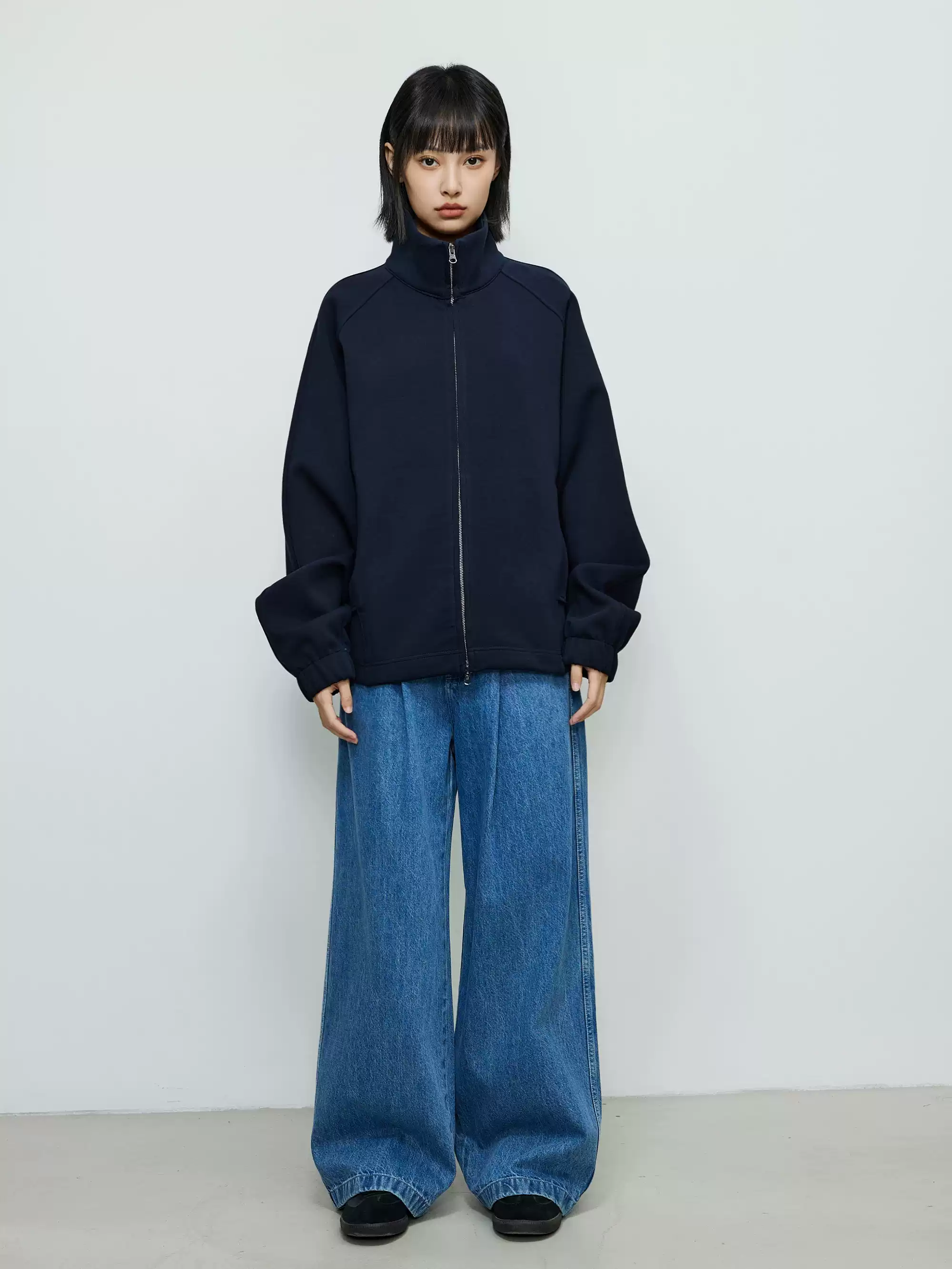 Oversized Double-Zip High Collar Sweatshirt Jacket - Image 5