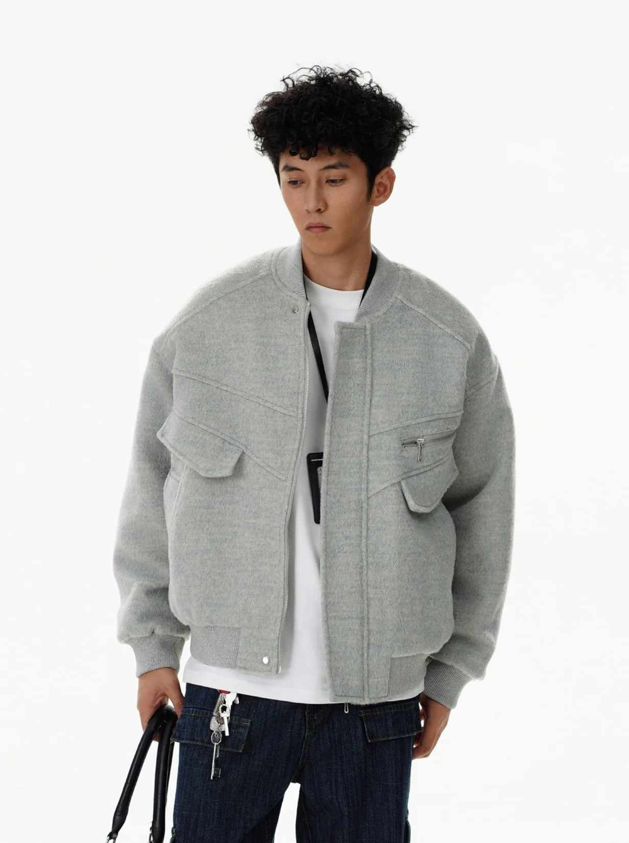Oversized Drop Shoulder Bomber Jacket with Zip Pocket Detail - Image 2