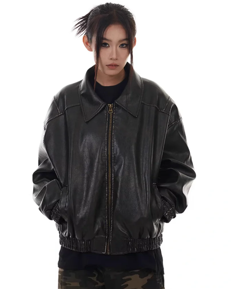 Oversized Drop Shoulder Faux Leather Zip Jacket - Image 6