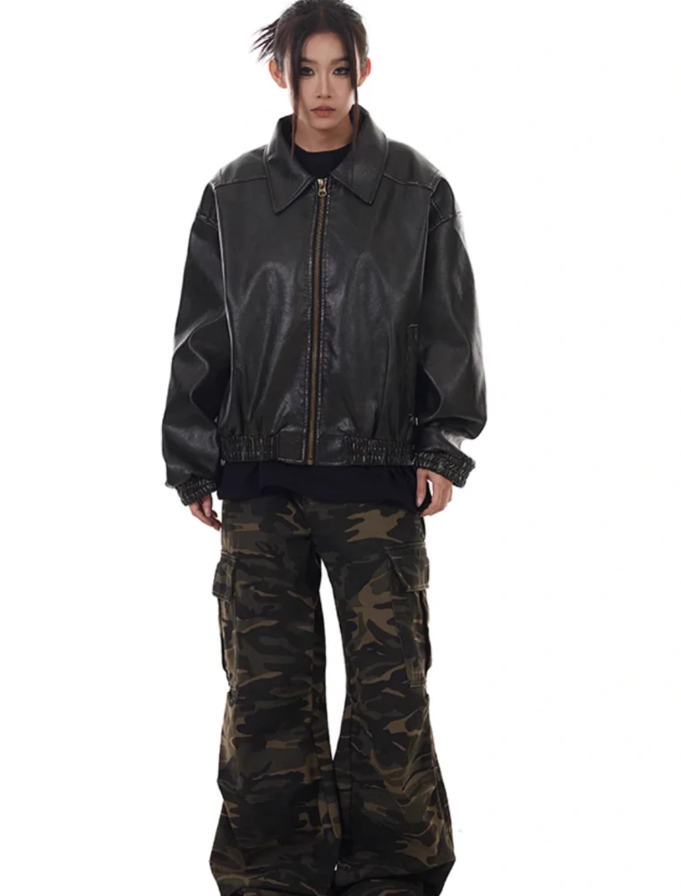 Oversized Drop Shoulder Faux Leather Zip Jacket - Image 7