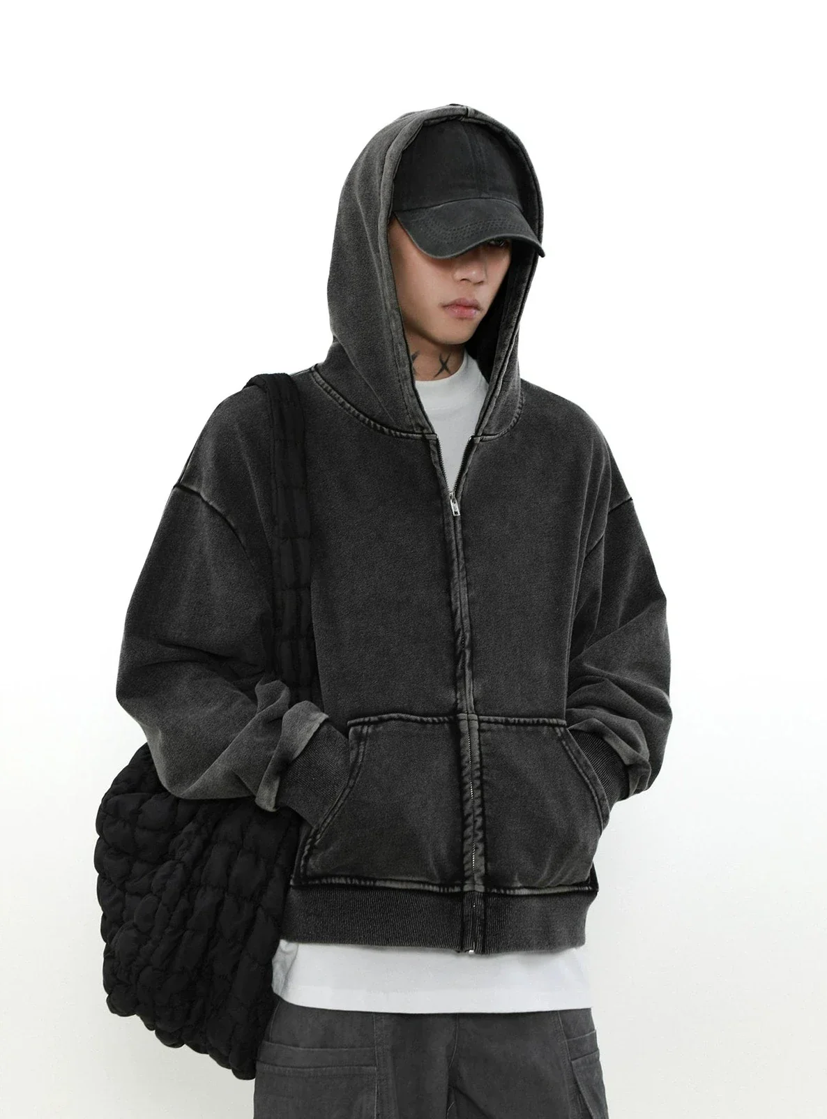 Oversized Faded Mid-Crop Boxy Zip-Up Hoodie - Image 3