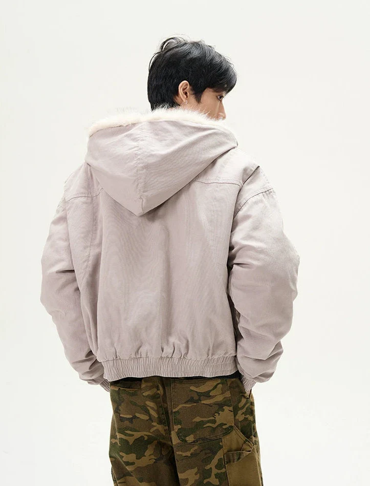 Oversized Faux Fur Collar Hooded Bomber Jacket - Image 8