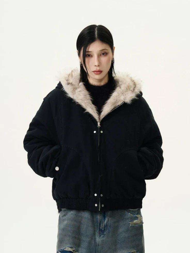 Oversized Faux Fur Lined Zip Jacket with Elastic Hem - Image 3