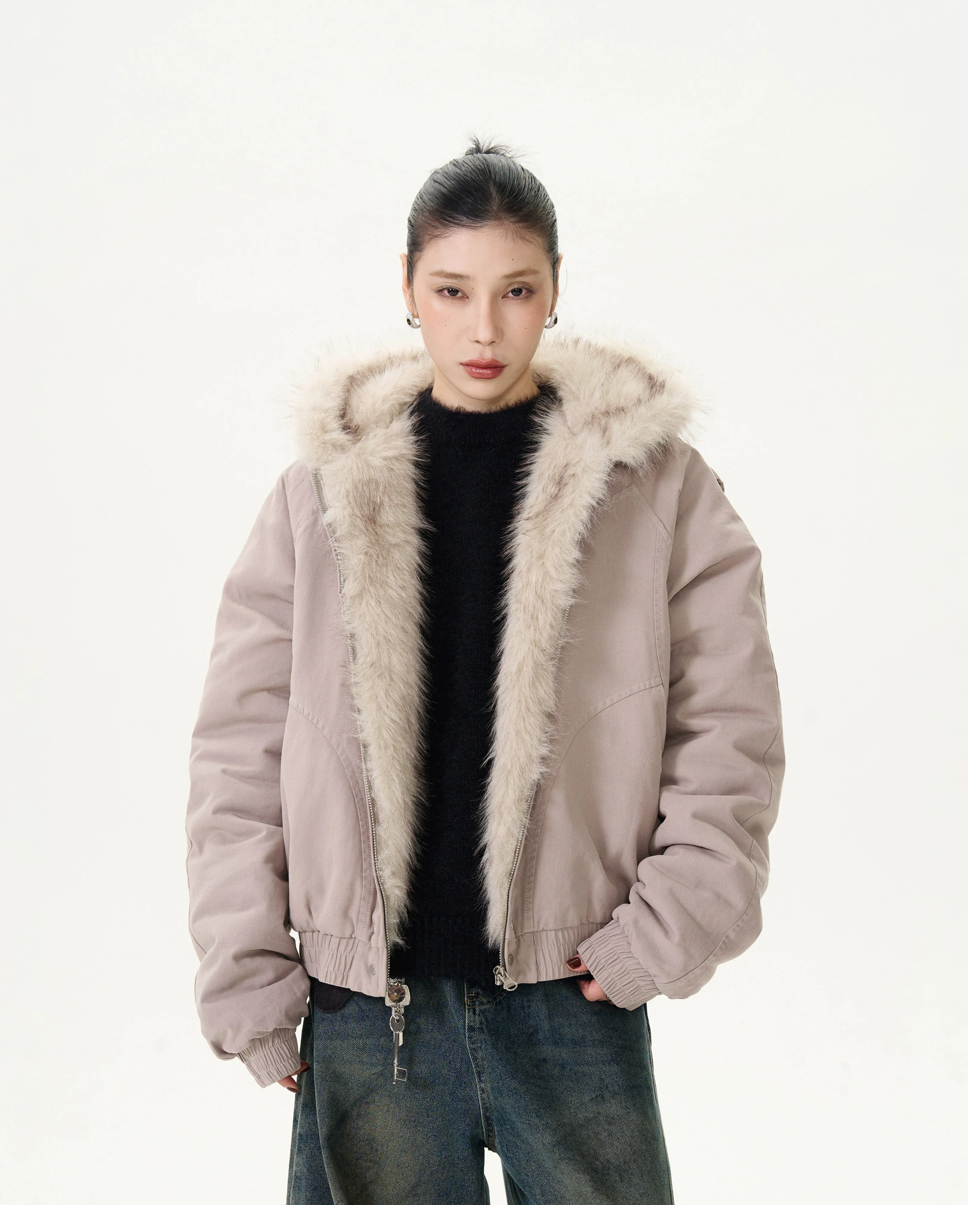 Oversized Faux Fur Lined Zip Jacket with Elastic Hem - Image 4