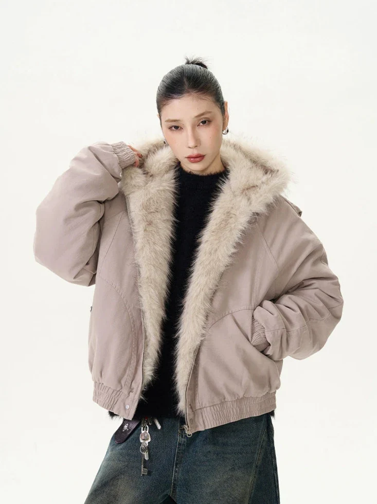 Oversized Faux Fur Lined Zip Jacket with Elastic Hem - Image 7