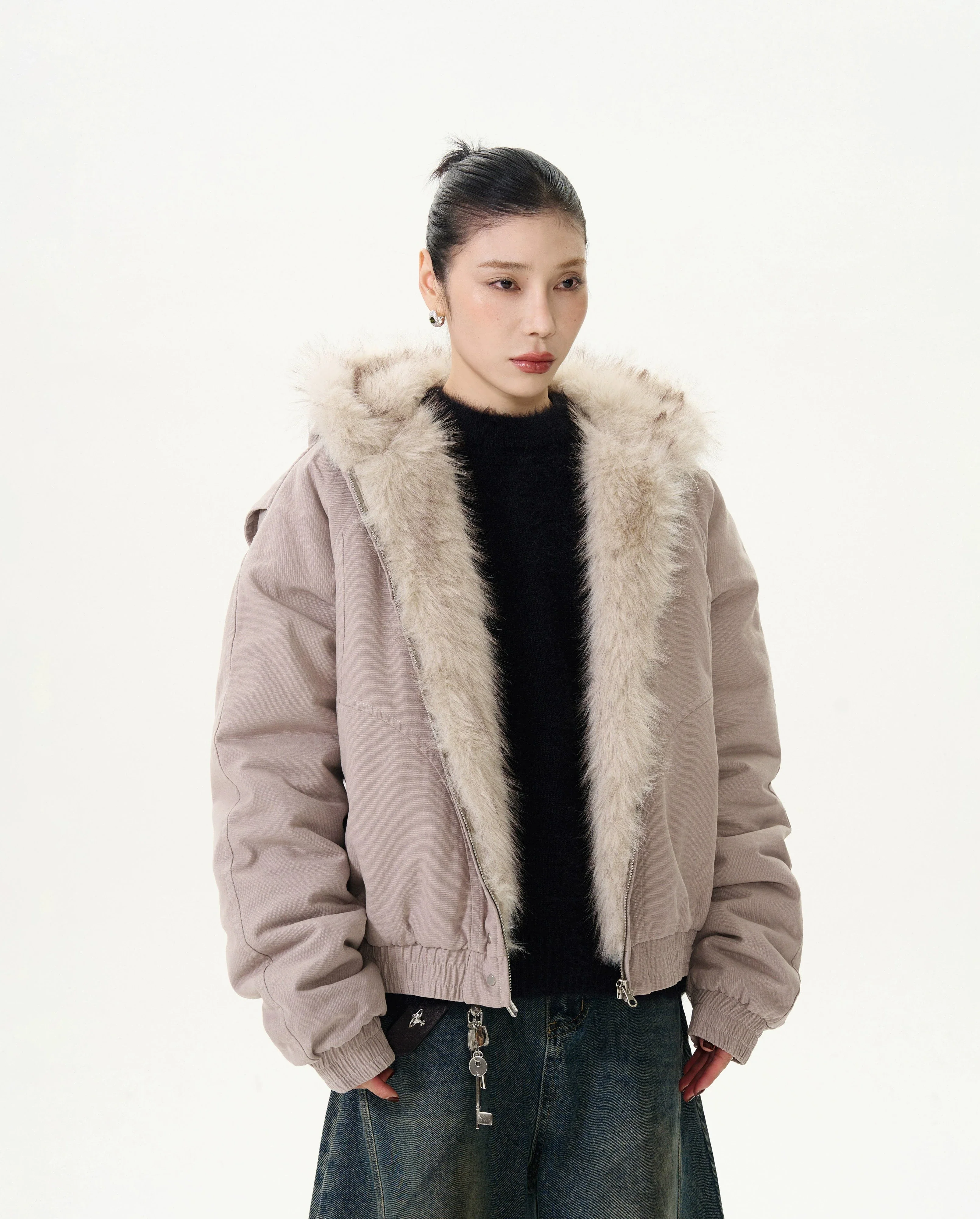 Oversized Faux Fur Lined Zip Jacket with Elastic Hem - Image 8