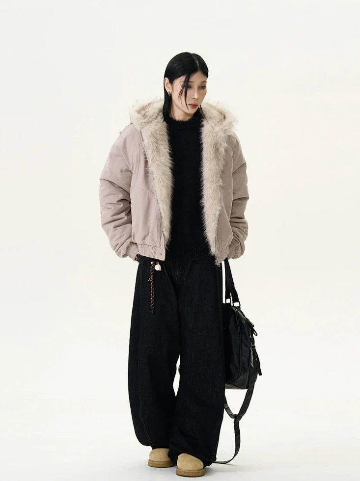 Oversized Faux Fur Lined Zip Jacket with Elastic Hem - Image 9