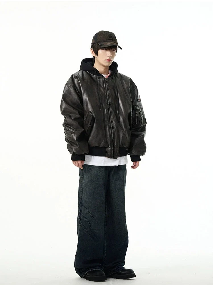 Oversized Faux Leather Bomber Jacket with Hood - Image 10