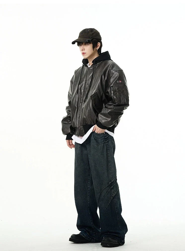 Oversized Faux Leather Bomber Jacket with Hood - Image 11