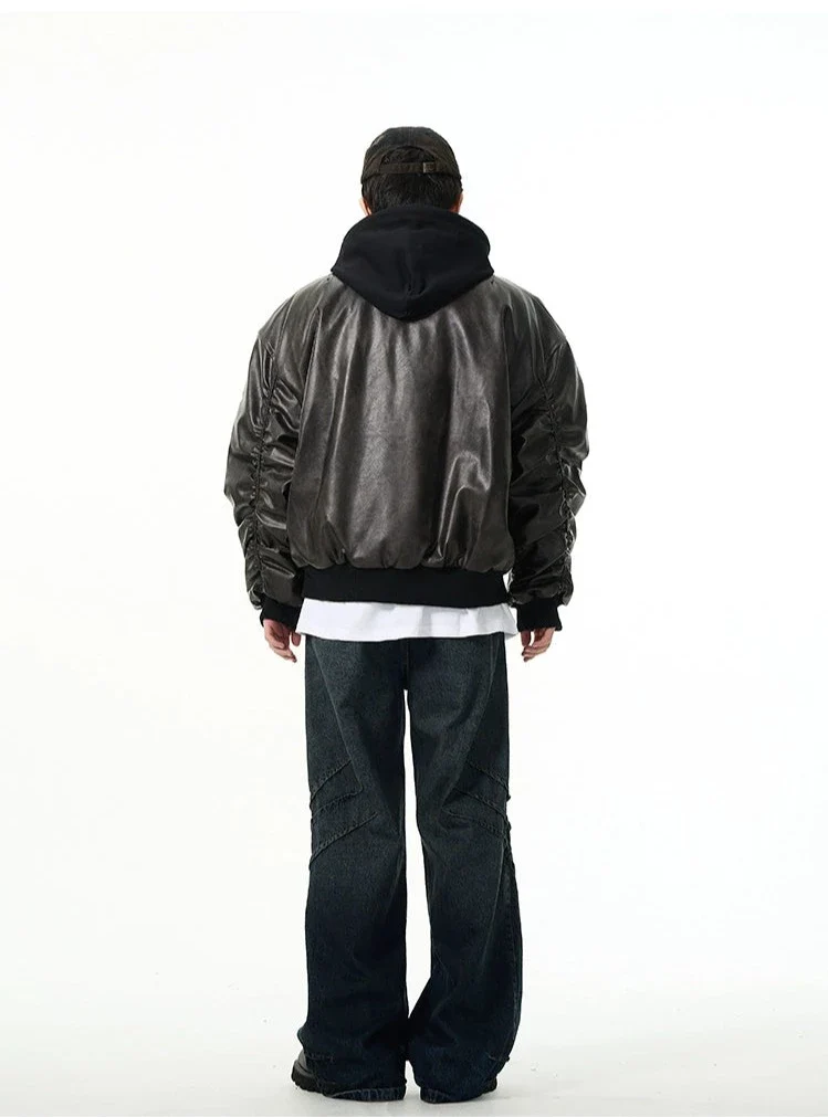 Oversized Faux Leather Bomber Jacket with Hood - Image 12
