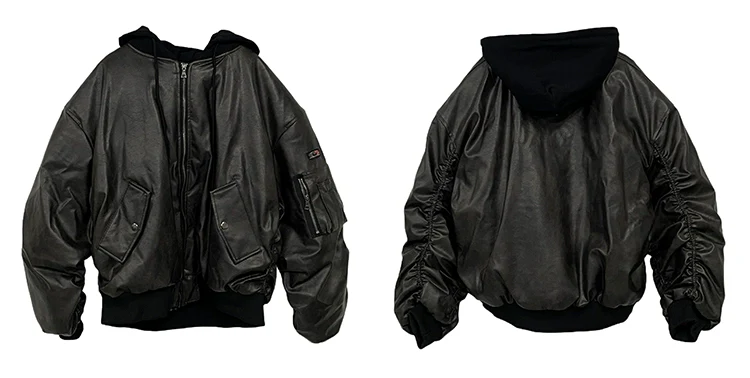 Oversized Faux Leather Bomber Jacket with Hood - Image 13