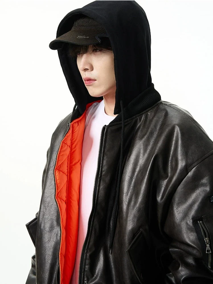 Oversized Faux Leather Bomber Jacket with Hood - Image 2