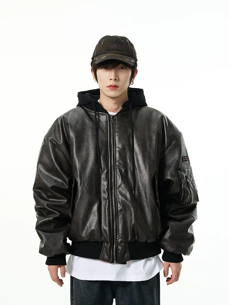 Oversized Faux Leather Bomber Jacket with Hood - Image 3