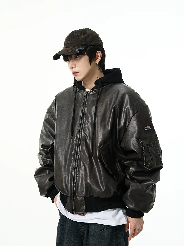 Oversized Faux Leather Bomber Jacket with Hood - Image 4