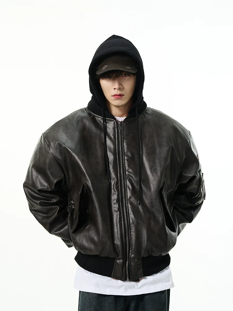 Oversized Faux Leather Bomber Jacket with Hood - Image 5