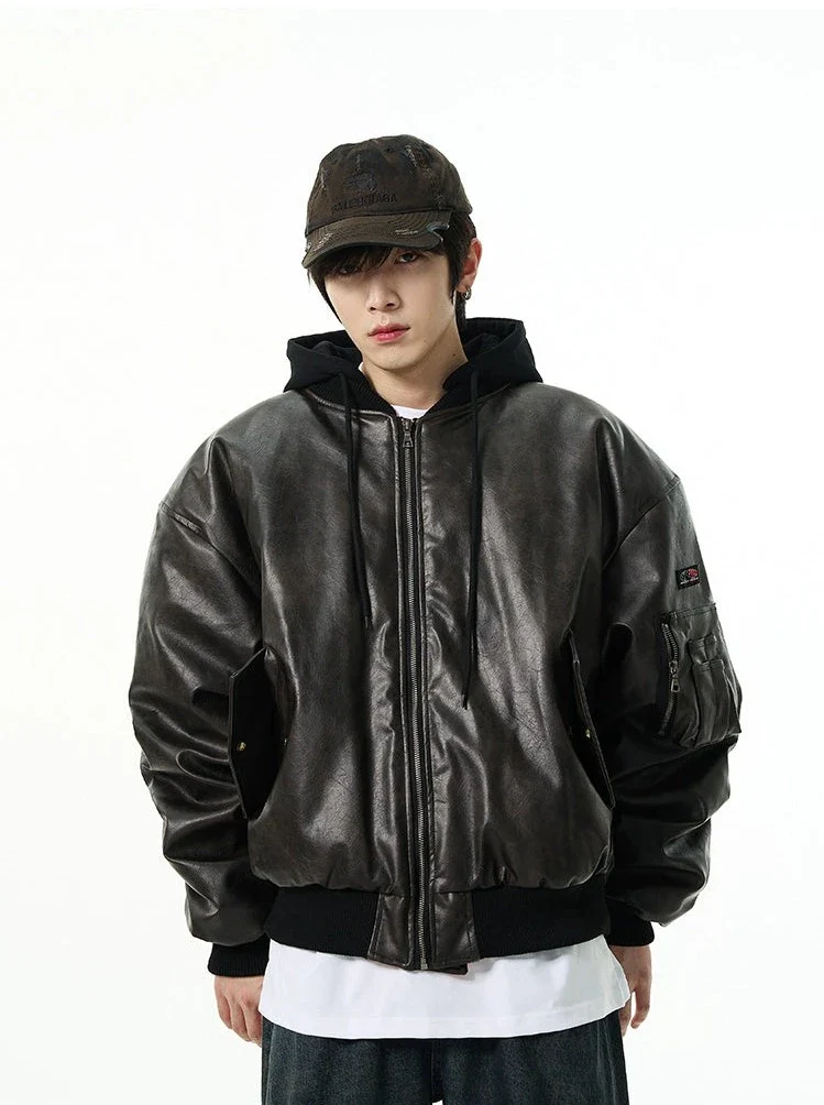 Oversized Faux Leather Bomber Jacket with Hood - Image 6