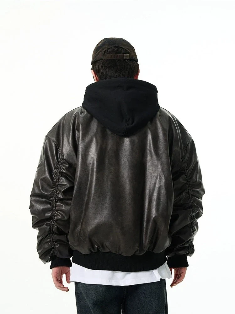 Oversized Faux Leather Bomber Jacket with Hood - Image 7