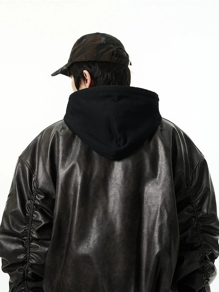 Oversized Faux Leather Bomber Jacket with Hood - Image 8