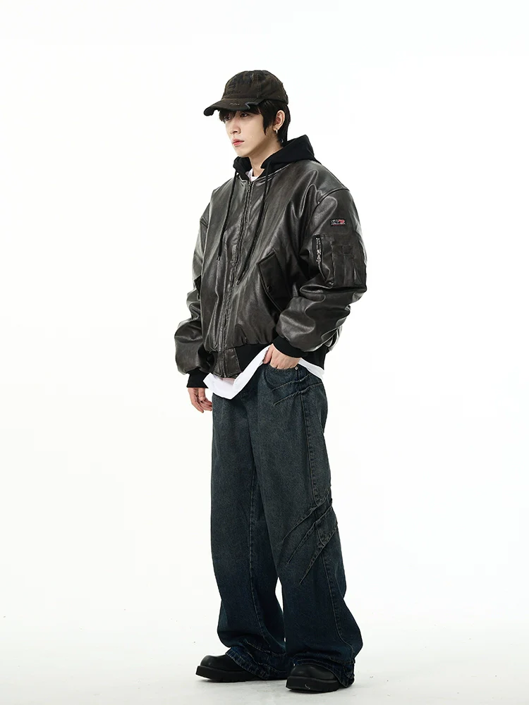 Oversized Faux Leather Bomber Jacket with Hood - Image 9