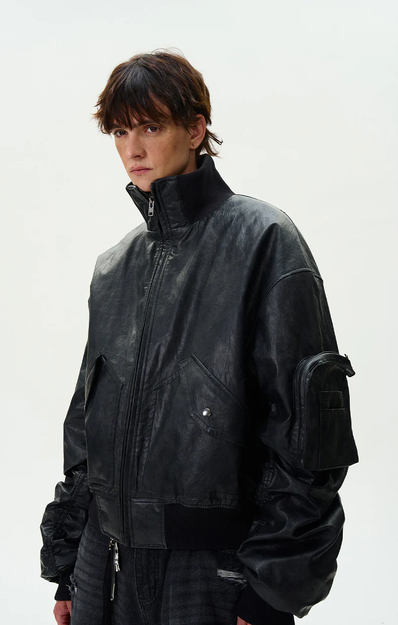 Oversized Faux Leather Mid Crop Bomber Jacket with Sleeve Zip Pocket - Image 5