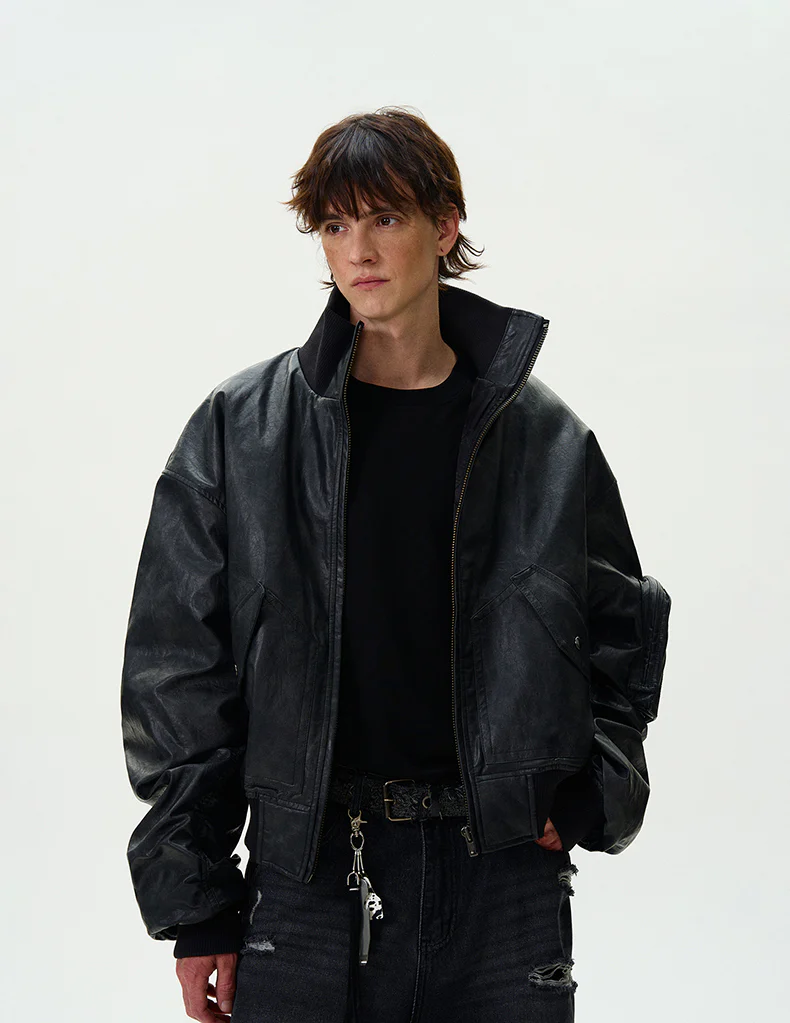 Oversized Faux Leather Mid Crop Bomber Jacket with Sleeve Zip Pocket - Image 7