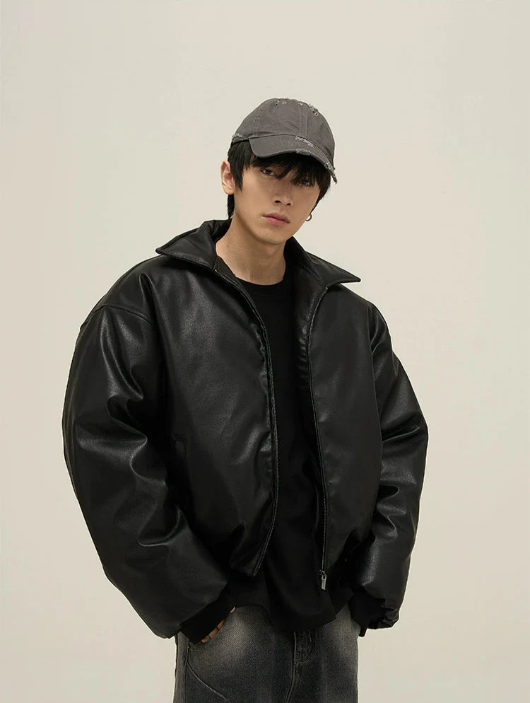 Oversized Faux Leather Puffer Jacket with Wide Collar - Image 10