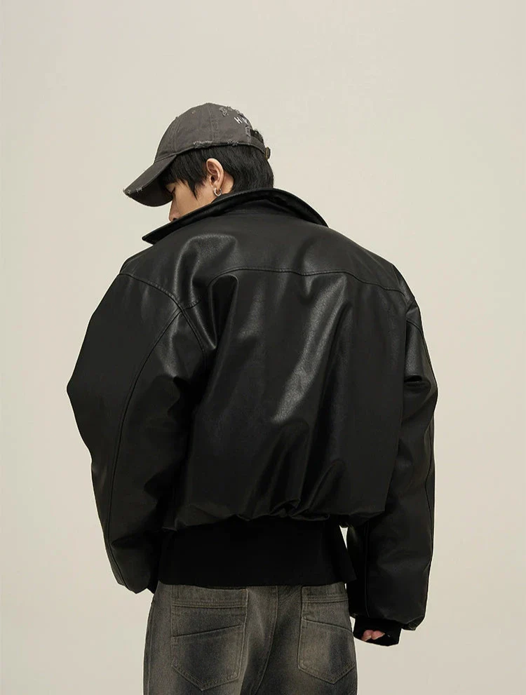 Oversized Faux Leather Puffer Jacket with Wide Collar - Image 11