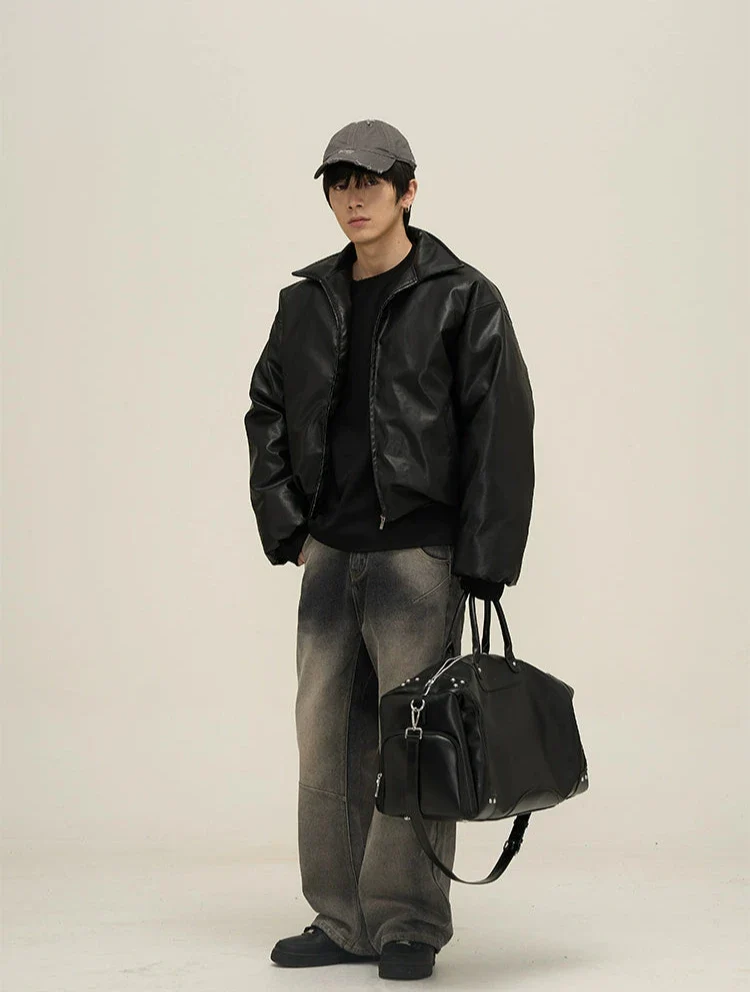 Oversized Faux Leather Puffer Jacket with Wide Collar - Image 12