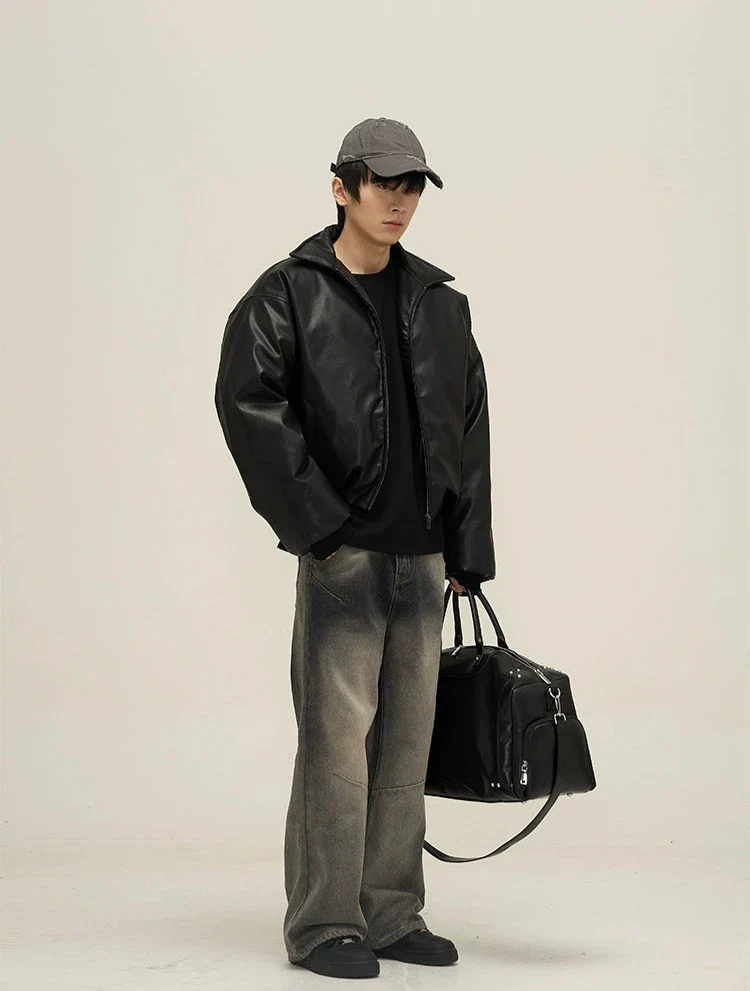 Oversized Faux Leather Puffer Jacket with Wide Collar - Image 13