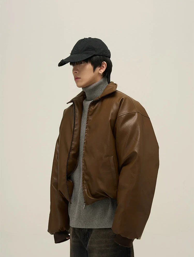 Oversized Faux Leather Puffer Jacket with Wide Collar - Image 2