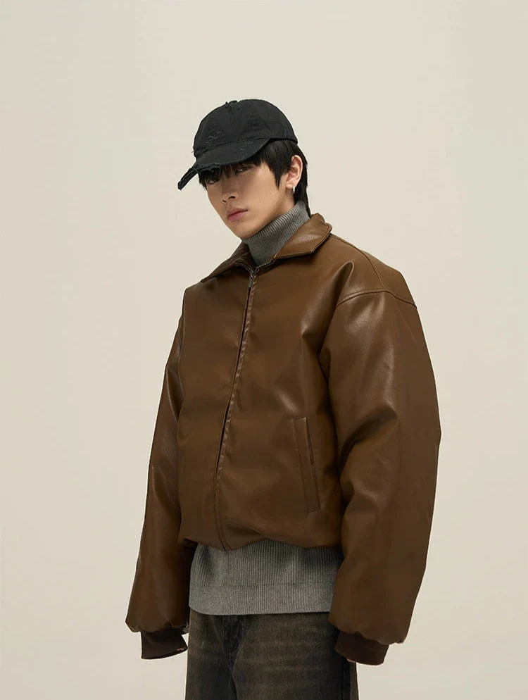 Oversized Faux Leather Puffer Jacket with Wide Collar - Image 3