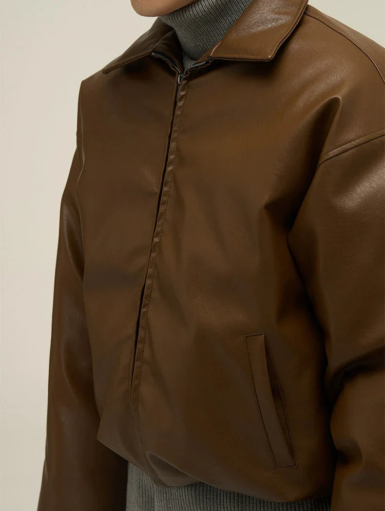 Oversized Faux Leather Puffer Jacket with Wide Collar - Image 4