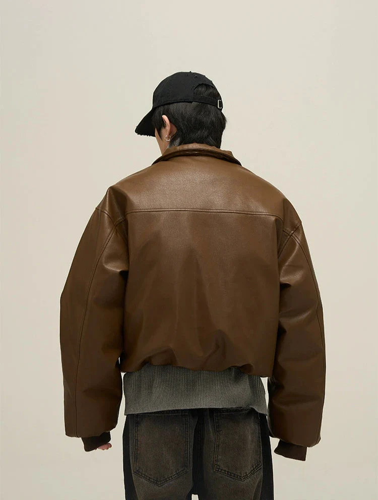 Oversized Faux Leather Puffer Jacket with Wide Collar - Image 5