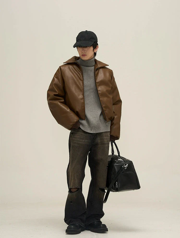 Oversized Faux Leather Puffer Jacket with Wide Collar - Image 6