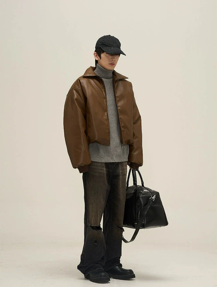 Oversized Faux Leather Puffer Jacket with Wide Collar - Image 7