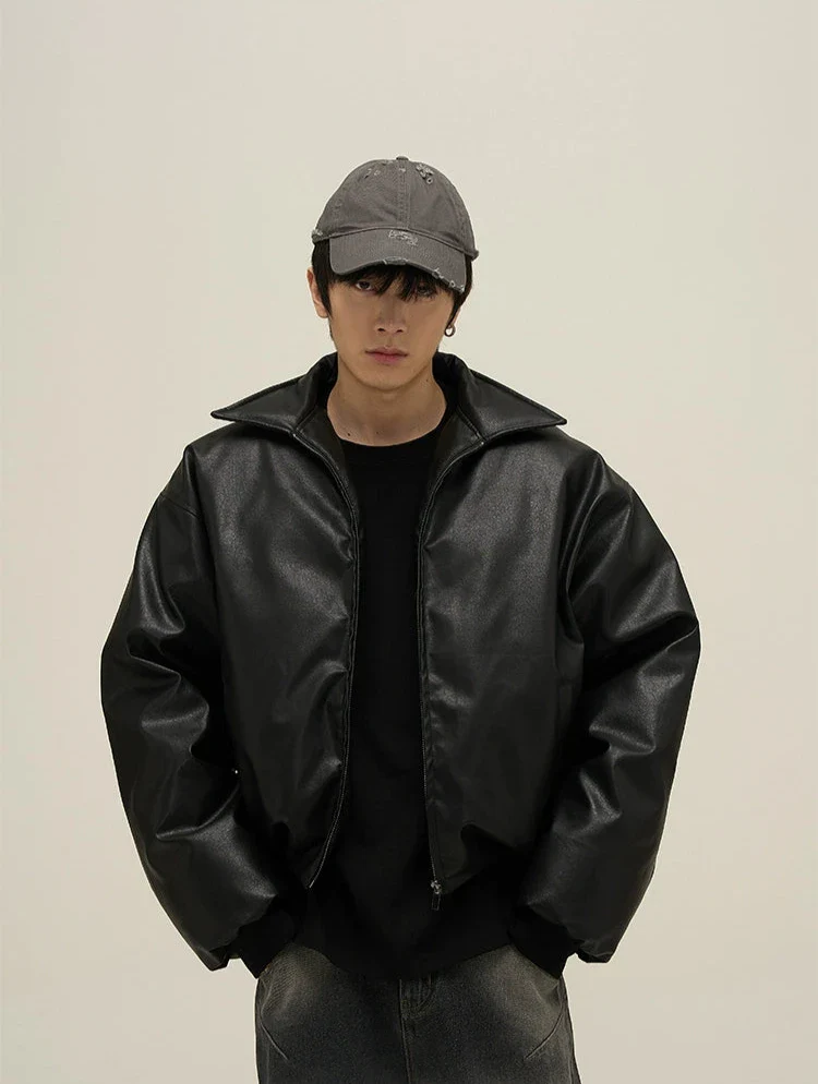 Oversized Faux Leather Puffer Jacket with Wide Collar - Image 8