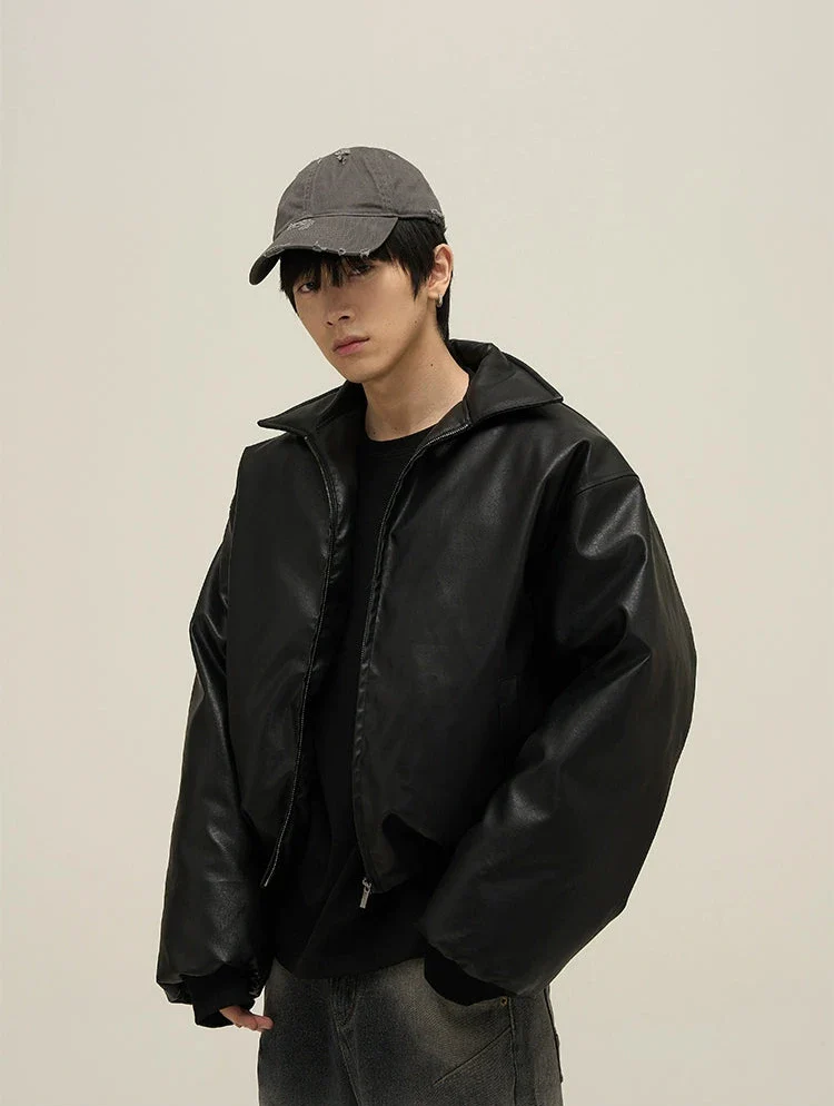 Oversized Faux Leather Puffer Jacket with Wide Collar - Image 9