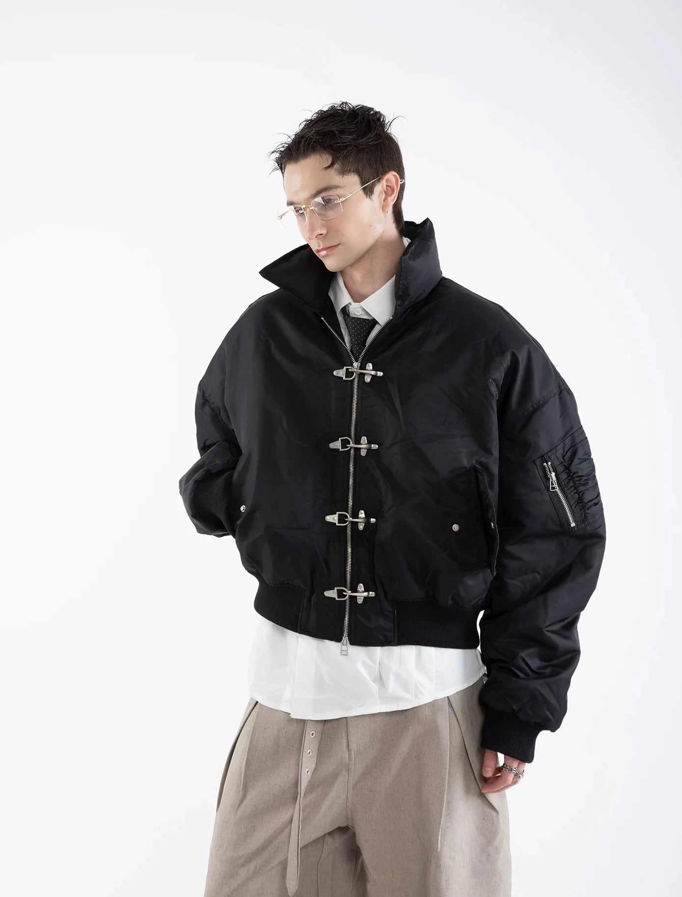 Oversized Fireman Buckle Cropped Bomber Jacket - Image 10