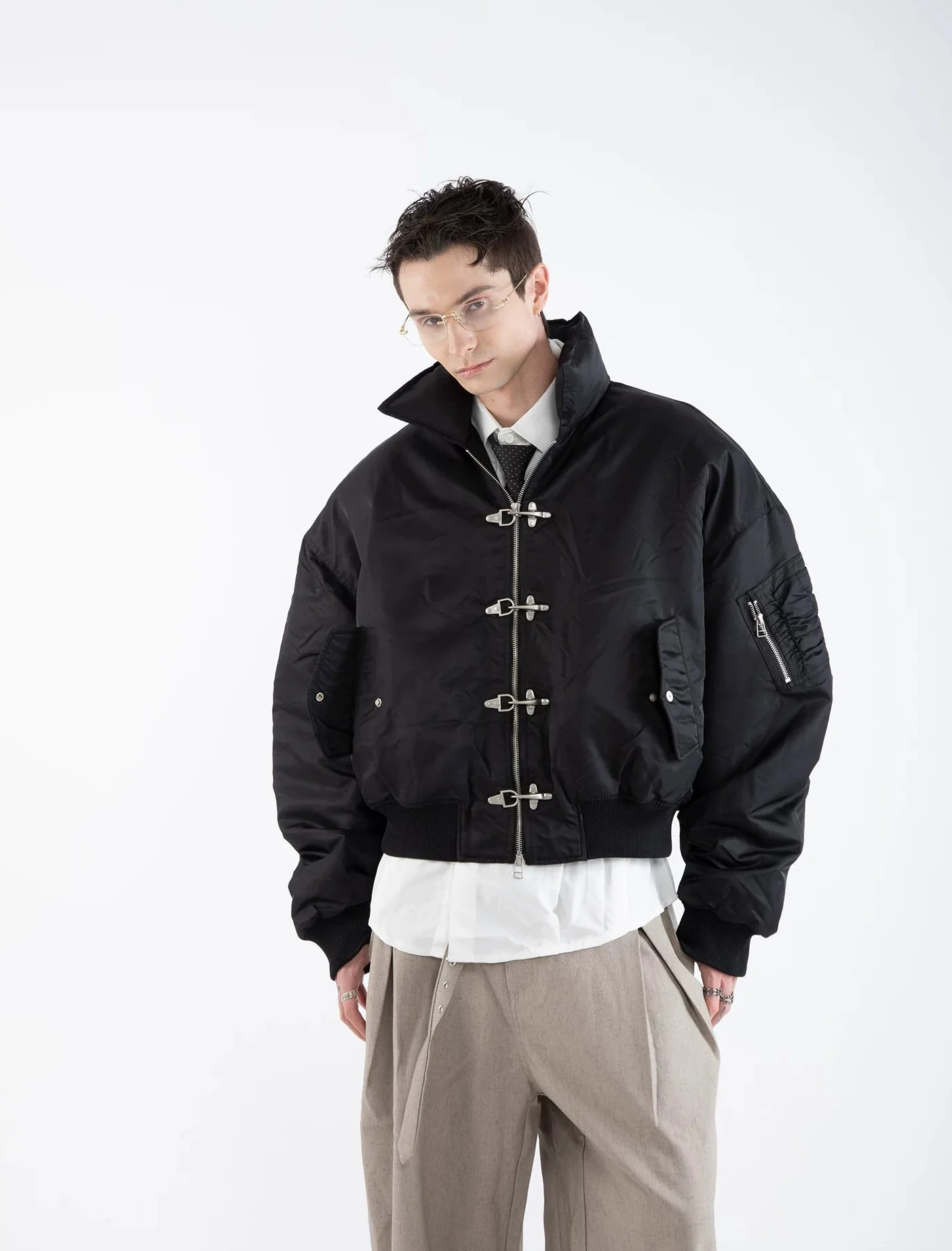 Oversized Fireman Buckle Cropped Bomber Jacket - Image 11