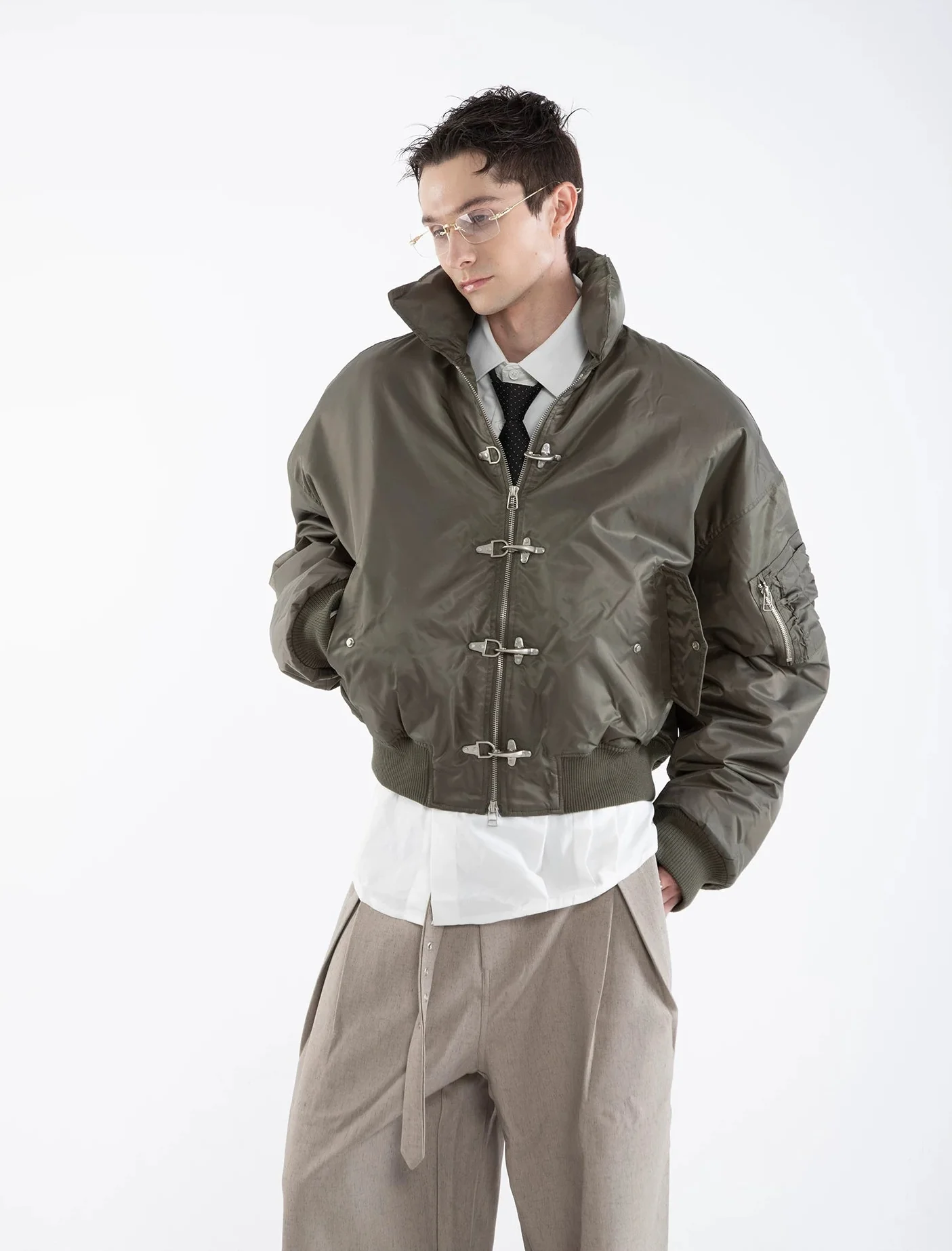 Oversized Fireman Buckle Cropped Bomber Jacket - Image 3
