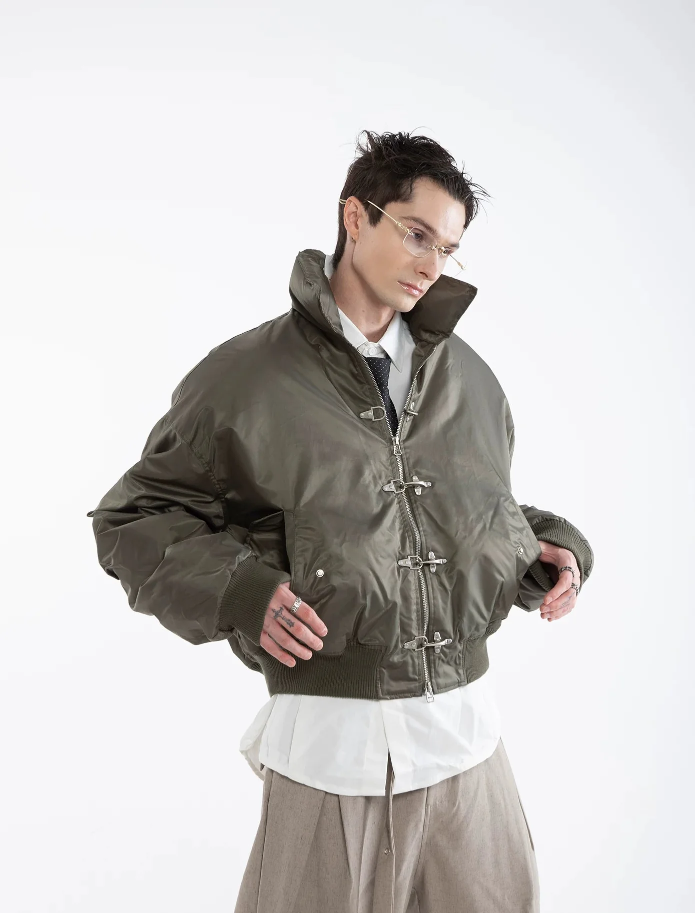 Oversized Fireman Buckle Cropped Bomber Jacket - Image 4