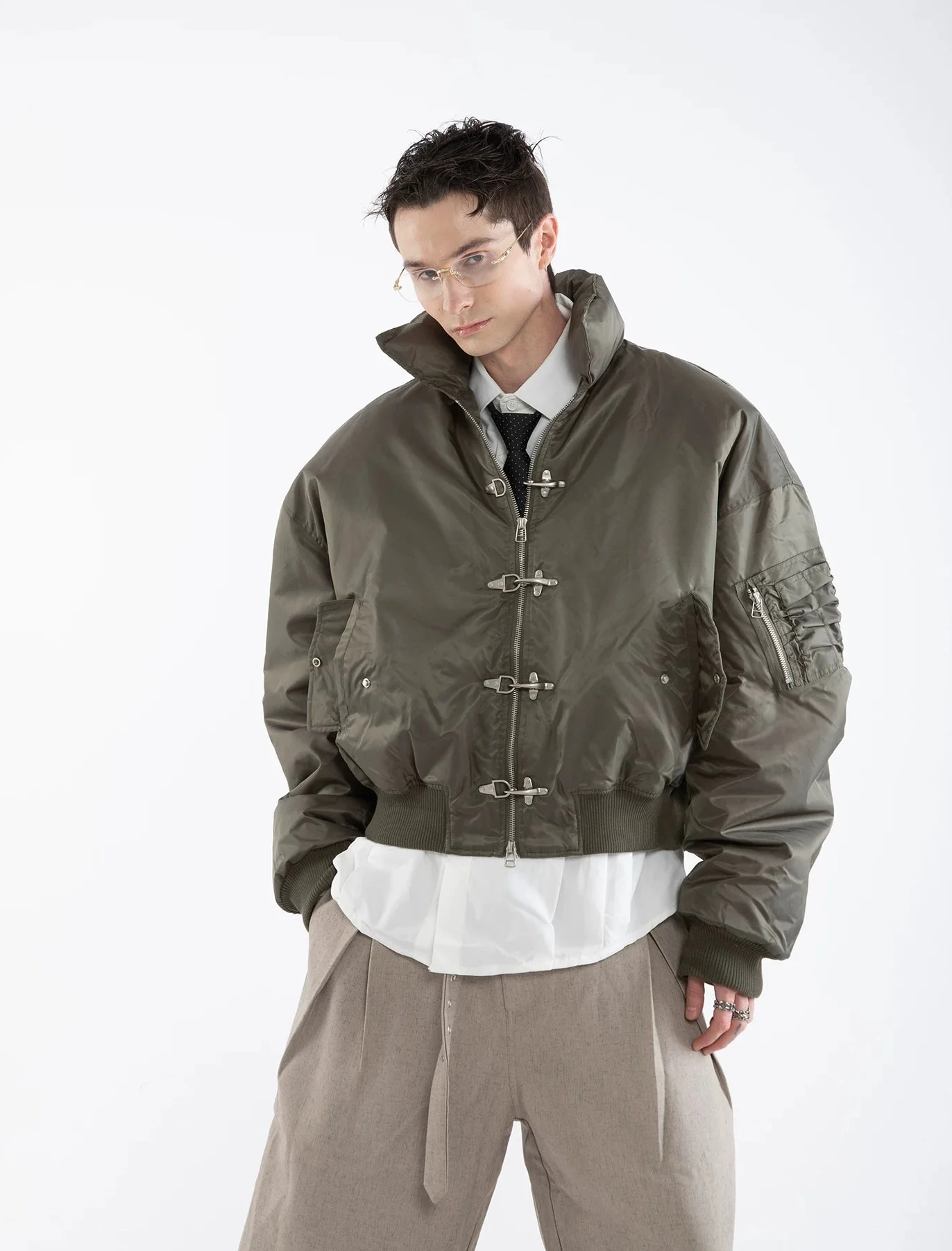 Oversized Fireman Buckle Cropped Bomber Jacket - Image 5