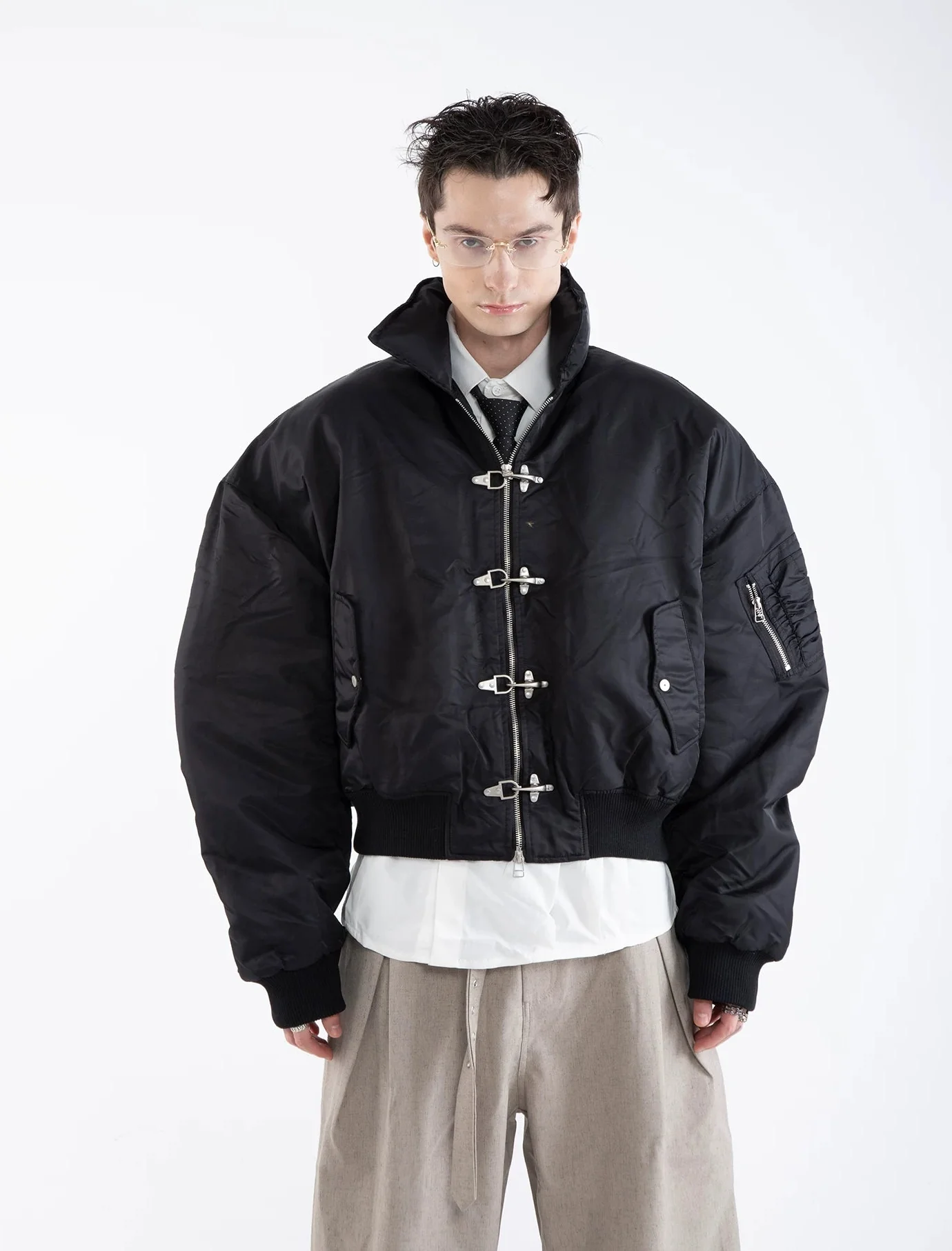 Oversized Fireman Buckle Cropped Bomber Jacket - Image 7