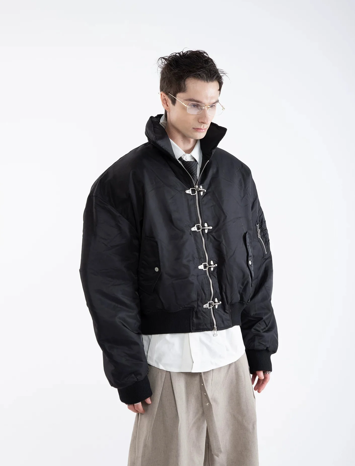 Oversized Fireman Buckle Cropped Bomber Jacket - Image 8
