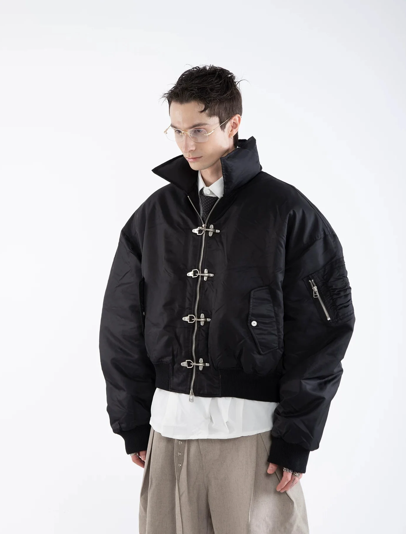 Oversized Fireman Buckle Cropped Bomber Jacket - Image 9